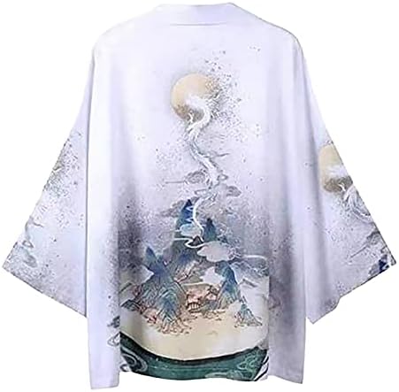 Beuu Japanski Kimono Cardigan za muške, labav otvoreni prednji 3/4 rukava lagana špiyeight ukiyoe zmaj print jakna casual cloak