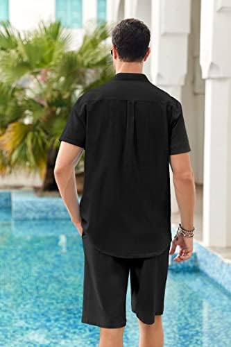 Gafeng muški 2 komada pamučne posteljine setovi kratkih rukava Henley majica kratke hlače Ležerne ljetne