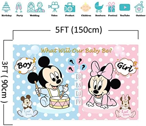 Wenqiang Mickey i Minnie Spol otkrivaju pozadinu 5x3ft Baby Shower plave i ružičaste pozadine miša za dječake