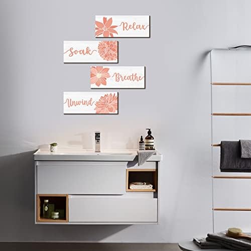 4 komada akvarelor narančasto cvijeće kupaonica zidni dekor znak Relax soik odmotavaju udisati zidnu umjetnost Viseća cvjetna zida Decor Searhouse Rustikalno kupatilo sa drvenim zidnim plaketima