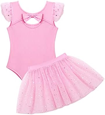 Agoky Kids Girls 2pcs baletske haljine Čvrsto boje Flutter rukava šuplje leđa Leotard sa set suknja od titra
