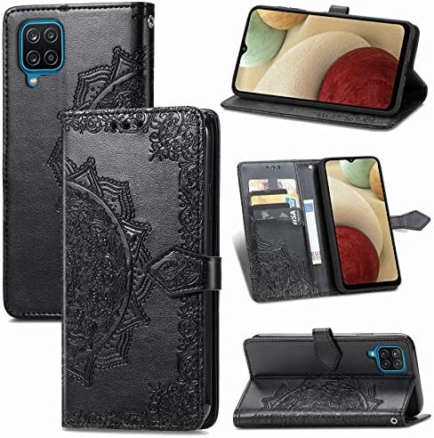 Kompatibilno sa Samsung Galaxy A12 5G futrolom za novčanik, reljefnom futrolom Mandala Slim Foli PU kožnom navlakom otpornom na udarce sa utorom za kreditnu karticu Zaštitna koža za Galaxy A12, Crna