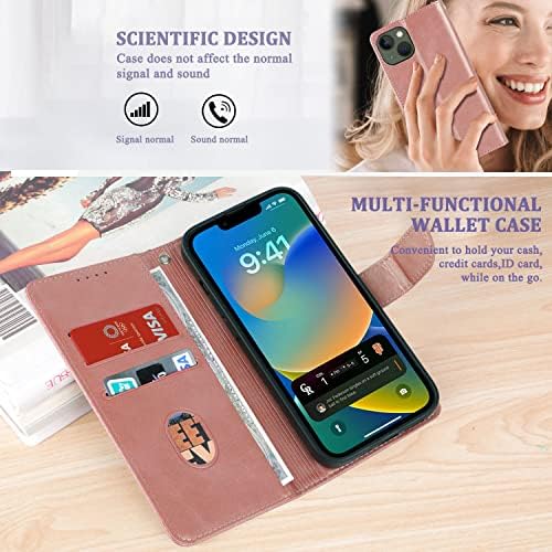 QsmQam [8 u 1] za iPhone 14 Plus Case Wallet PU koža sa postoljem za 3 kartice dodatna oprema za žene i muškarce magnetna zaštitna poklopac 2 paketa Zaštita ekrana 2 paketa zaštita sočiva kamere-Rose