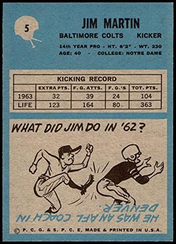 1964 Philadelphia # 5 Jim Martin Baltimore Colts Nm / Mt Colts Notre Dame