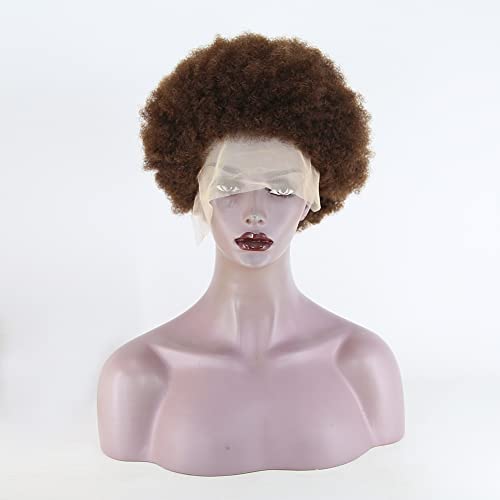 Cik-cak kosa Afro Kinky Curly Fluffy eksplozija srednje braon kratka čipka prednja ljudska kosa perike za