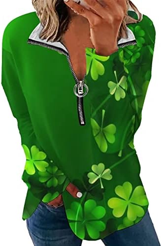 Graswe Womens St. Patricks Dan djetelske košulje dugih rukava s pola zip dukserirt irski Shamrock Print Pulover