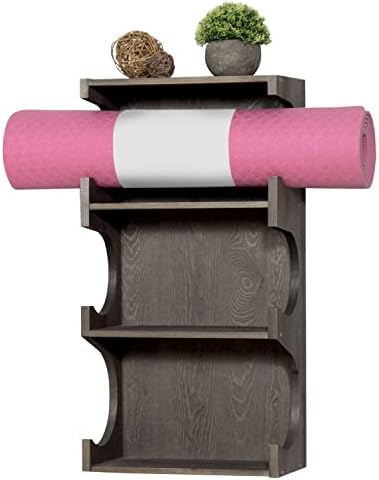 MyGift zidni Vintage sivo drvo 3-slojni pjenasti valjak, viseći stalak za prostirku za jogu sa gornjem policom