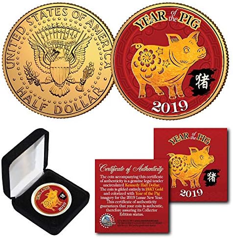 2019 Lunarna nova godina svinje 24K pozlaćena JFK pola dolara američki kovanica sa kutijom