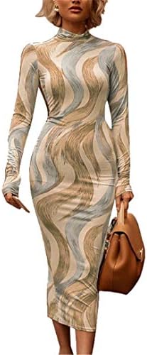 Andongnywell Women Elegant Dugi rukav Stretchy Bodycon Midi haljina od tiskane slim dugih rukava midi haljine