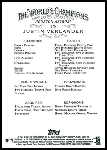 2018 FAPPS ALEN I GINTER # 275 Justin verlander astros bejzbol kartica