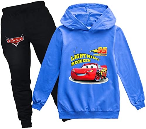 Maxvivo Dijete automobili Grafički kapuljač munja McQueen pulover vrhove + jogging pant-2 komad trenerke plave boje