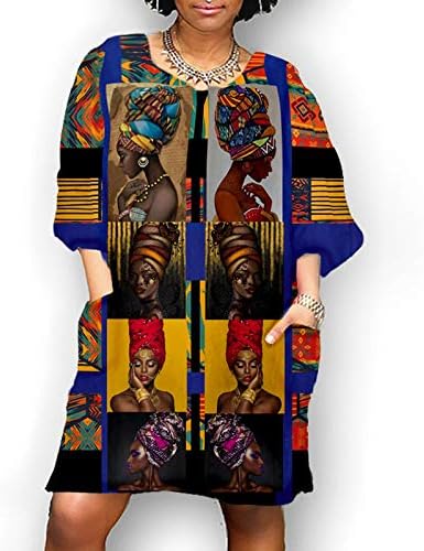 Ženska Vintage Mini haljina Casual labavi afrički zarez vrat srednji rukav džep kratka haljina klubska haljina