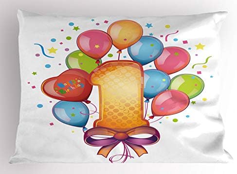 Ambesonne 1. rođendan Jastuk Sham, vintage tema Prva zabava sa balonima zvijezdama i tačkima Image Šarene,