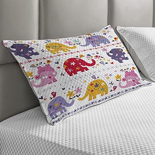 Ambesonne Cartoon Quild jastuk, slonovi sretne plesne životinje u kombinacijama ptica cvijeća, standardne