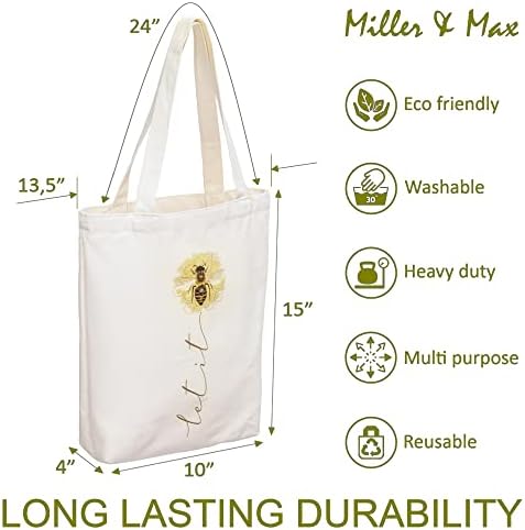 Miller & amp; Max Platnena torba, pamuk, pčelinji slatki Print, izdržljiv dizajn sa unutrašnjim džepom, platnene torbe od 12 oz - za kupovinu, trening i šetnju, estetski