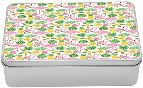 Ambesonne egzotična limena kutija, tisak flamingosa lubenice od listova i otok Cvijeće, prijenosni za skladišni