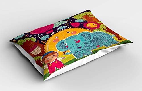 Ambesonne Slon jastuk Sham, crtani dječak u šumi sa nasmijanim suncem i cvjetnim životinjama s motivima, dekorativna jastučnica za tiskane standardne veličine, 26 x 20, višebojni