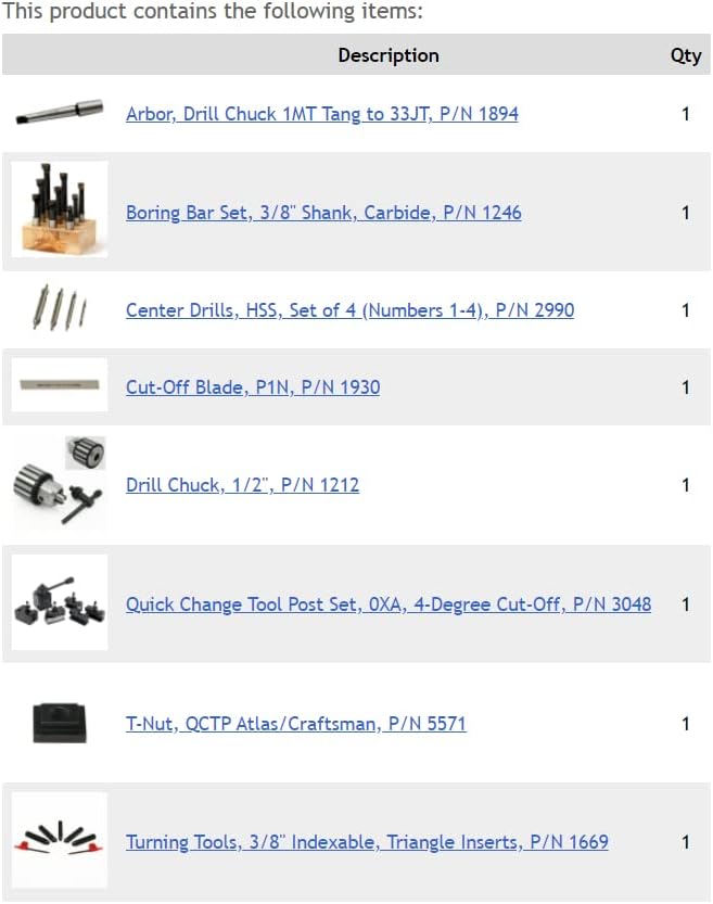 LittleMachineShop.com Mini paket alata za strug Atlas / Craftsman 6 - ovaj set alata uključuje steznu glavu, set šipki za bušenje, središnje bušilice, sečivo odsečeno, stub alata i alat za struganje