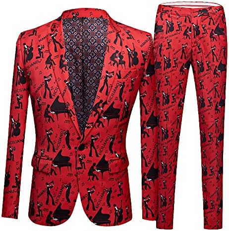 Muška odijela Šarena štamparska jakna One kopče Muška odijelo Slim Fit Graffiti klavir Black Ispiši crveni