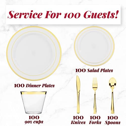 600-komadni Zlatni plastični set posuđa, 100 zlatnih plastičnih tanjira, 100 zlatnih tanjira za salatu, 100 zlatnih plastičnih srebrnih posuda, 100 zlatnih plastičnih čaša - set plastičnih tanjira za jednokratnu upotrebu za zabavu