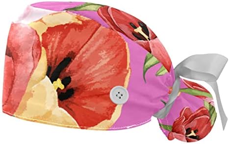 2 komada Crveni tulip cvijeće uzorak podesive radne kape sa gumbom, staračkim kapama sa duksevima