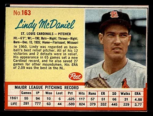 1962 Post Cereal 163 Lindy McDaniel St. Louis Cardinals Ex / MT Cardinals
