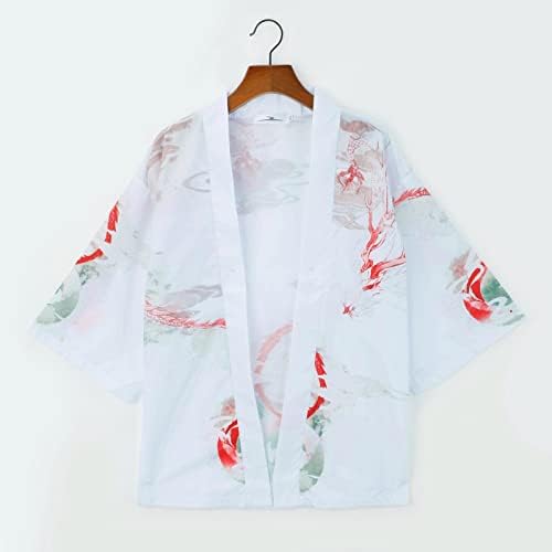 XXBR MENS japanski Kimono Cardigan, otvorena prednja 3/4 rukava lagana ukiyoe Dragon Print Yukata casual