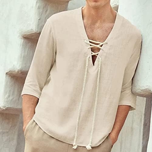 Muška pamučna platnena Henley košulja 3/4 rukava sa vezicama V vrat Ležerne majice za plažu Vintage hipi
