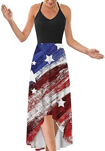 4. jula Maxi haljine za žene ljetna Ležerna boho haljina SAD Zastava Scoop vrat Cami Patriotski sarafani