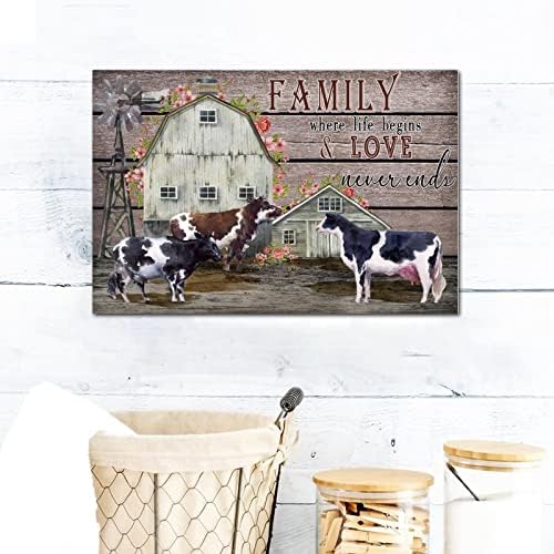 Silyheart Porodica u kojoj život počinje i ljubav nikad ne završava drveni znakovi Vintage Farm Barn krava