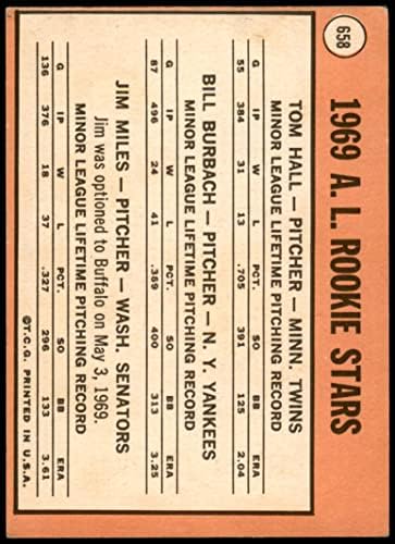1969. 658 Al Rookies Bill Burbach / Tom Hall / Jim Miles Blizanci / Yankees / Senatori VG / EX blizanci